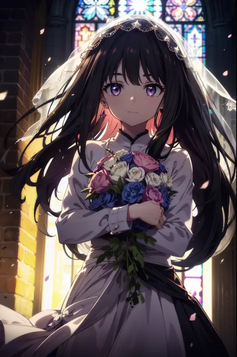 Takiuchi Kame, check it out, long hair, bangs, black hair, (purple eyes:1.2),
blush,smile, Wedding dress,veil wedding skirt,bouquet,bouquetトス,holding a large bouquet of flowers in both hands, 
break indoors, church,チャペル
break looking at viewer, (cowboy sho...