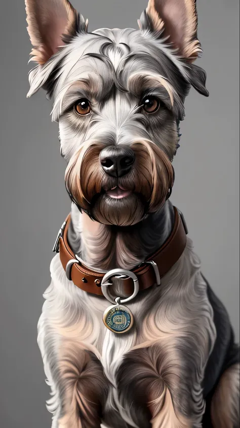 painting of a Brown Grey schnauzer dog with a collar and collar around its neck, portrait of ultra realistic, ultra detailed portrait, detailed realistic painting, painting of cute dog, realistic detailed painting, a photorealistic painting, portrait of do...