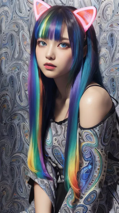 masterpiece, highest quality, 4K, Photorealistic, bokeh, enlightenment,1 perfect portrait of a girl, (A fascinating eye for perfect detail:1.2), colorful hair, (gradient hair), (Neon blue soft long hair:1.6), (Cat ear:1.2), fantasy background, (exposed bar...