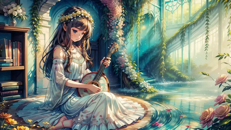 girl, alone: style: Boho quality: Dreamer Quality: Creative painting: Image effect of delicate henna on hands and feet: soft filter, Creates an air of fantasy around her appearance: Wearing a long dress with a floral pattern、A wreath of flowers in her loos...