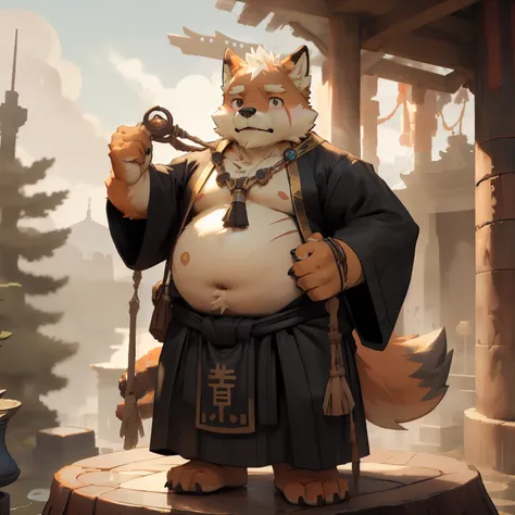 New Jersey 5 Hairy, fox，Full body portrait of an individual, middle aged男性,exquisite，round face， chubby，Fat，round ears，big belly，beard，blush，thick arms，Orange plush fur，temple，Taoist temple，Cloud，shrouded in mist，Monk，middle aged，全套Xian Xia服装，Cultivation，X...