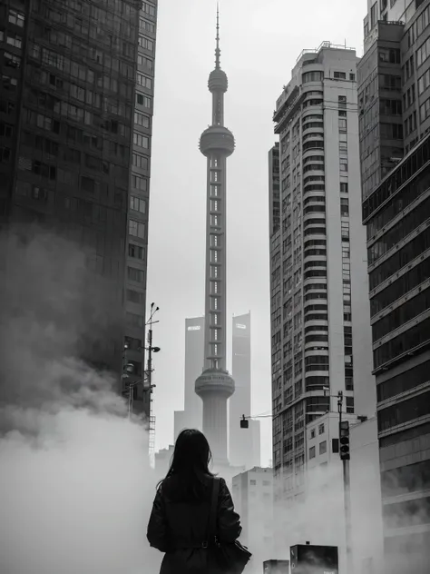 black and white photography，Minimalist photography，Shanghai on the Bund，morning，Thick white fog，City buildings are partially obscured by fog，The back of a woman in black in the middle of the picture，（one person：1.5）。Small proportions，background blur，TV tow...