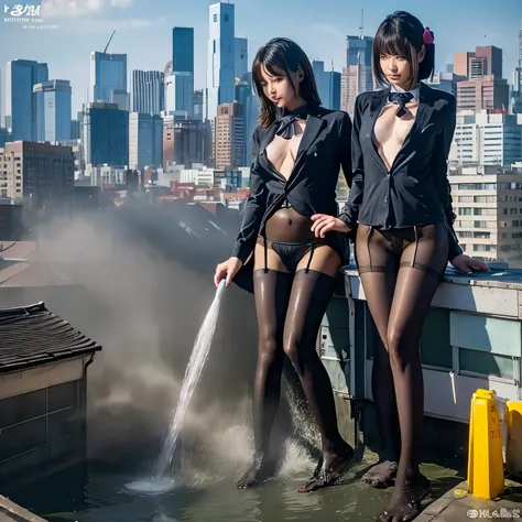 multiple girls, Giant娘 art, surreal , , highly detailed Giant娘 shot, Giant, short hair, black pantyhose, Giant high school girl much bigger than a skyscraper。naked。don't wear shoes.。very small metropolis。In a miniature metropolis just a few feet tall.、...