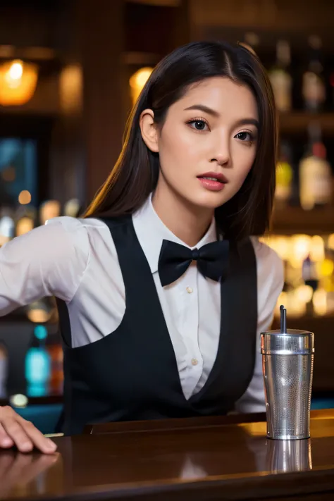 bar、bartender、black suit、a bow tie、black uniform、(((shake the shaker)))、make a cocktail、charming beauty、attractive oval face、dou...