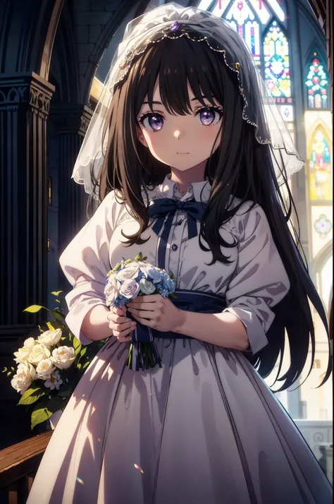 takiuchi kame, check it out, long hair, bangs, black hair, (purple eyes:1.2),
blush,smile, wedding dress,veil wedding skirt,bouq...