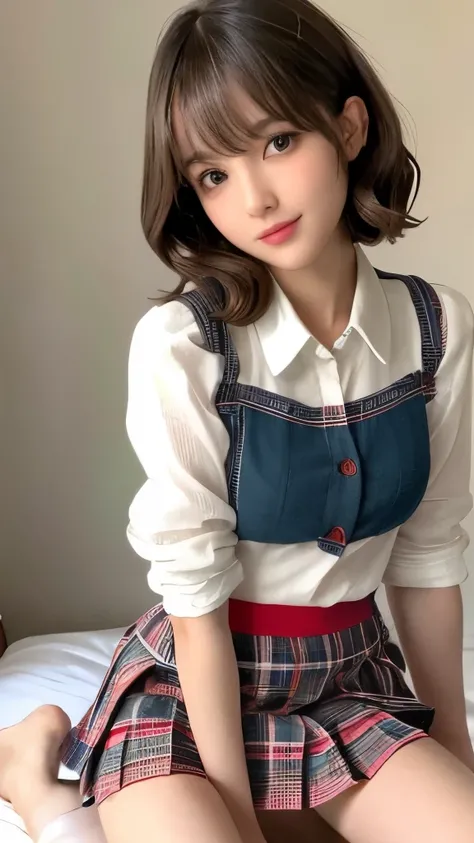 highest quality,Photo quality,Ultra high definition,cute hairstyle,short bangs,(plaid mini skirt:1.3),Sitting upright on the bed,perfect hands,realistic skin,Japanese,