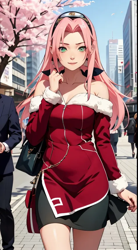 tmasterpiece， Best quality at best， 1girll， Sakura Haruno， Large breasts，Off-the-shoulder attire，（close-up all over the body)，Raised sexy，is shy，ssmile，with pink hair， long whitr hair， （Green eyeballs:1.4)， Forehead protection， the cherry trees，Cherry blos...