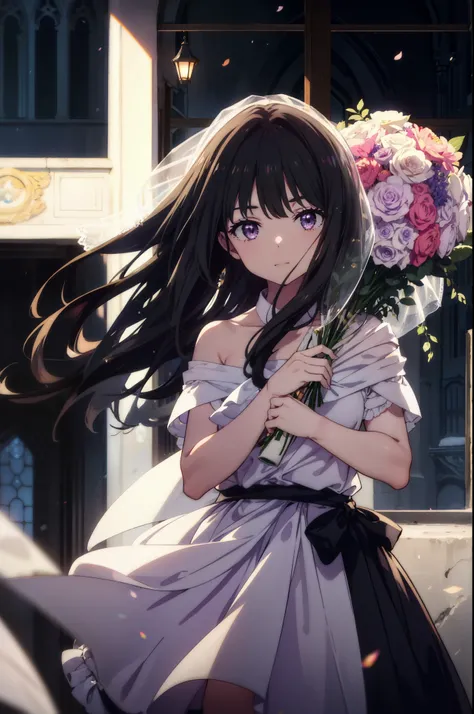 takiuchi kame, check it out, long hair, bangs, black hair, (purple eyes:1.2),
blush,smile, wedding dress,veil wedding skirt,bouq...