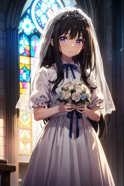 takiuchi kame, check it out, long hair, bangs, black hair, (purple eyes:1.2),
blush,smile, wedding dress,veil wedding skirt,bouq...