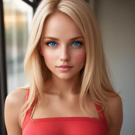 Aesthetic work, a woman, blond hair, blue eyes, straight hair, rosy cheeks, plump lips, mischievous gaze, light brown skin, red leggings, sexy build,