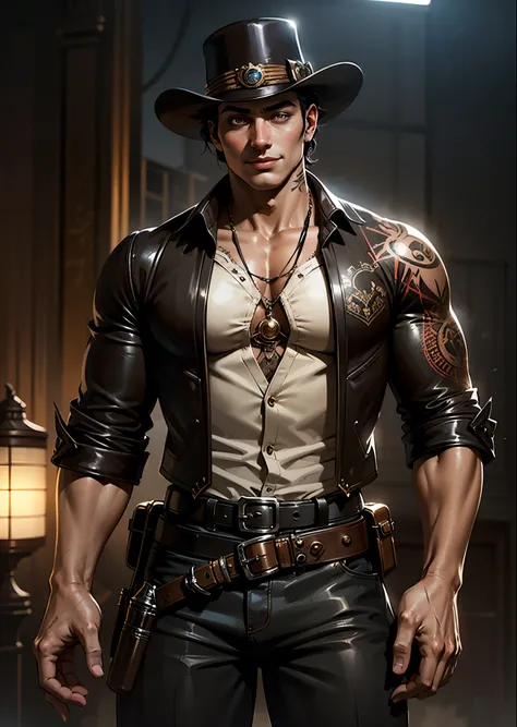 fantasy steampunk, Attractive young man, brush cut, pale eyes, tanned skin, smile, Black tattoo on hand, He resembles the Japanese actor Jiro Tamiya, Two revolvers in leather holsters, cowboy clothes, Steampunk cowboy style clothing, Western fantasy style 