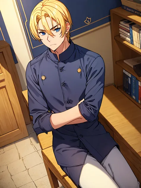 man, blonde hair, navy blue long shirt, castle room