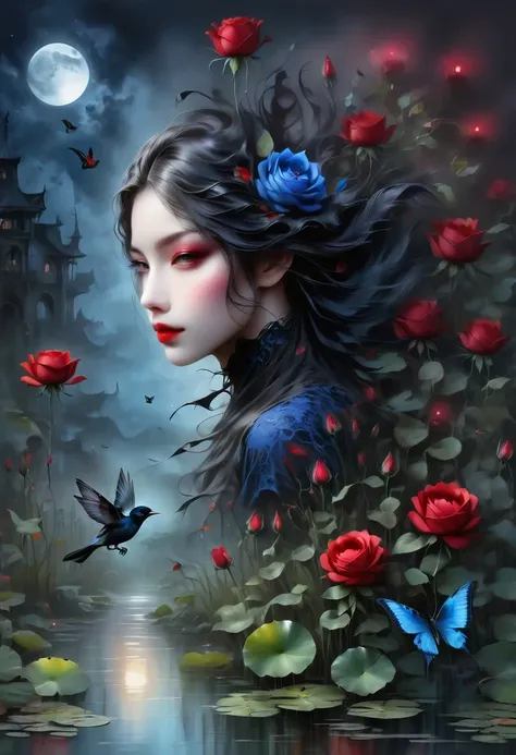 （dark atmosphere，Goethe fashion，bright colors），（best quality，Super exquisite，），Sexy goth elf girl，rose garden at night，beautiful and delicate eyes，Blue tip black straight ponytail，Crow feathers，red lipstick，mysterious smile，Pale complexion，fishnet stocking...