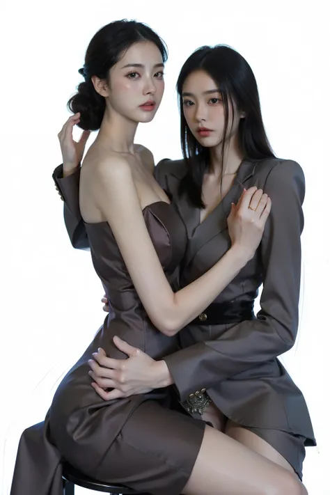 a drawing of two women in formal clothes sitting on a chair, Inspiration from Wang Khu, Inspired by Russell Dongjun Lu, Lesbian Art, A woman holds another woman., two women, Inspiration from Yan Juncheng, Inspiration from Kim Deuksin, Gouache style art, St...