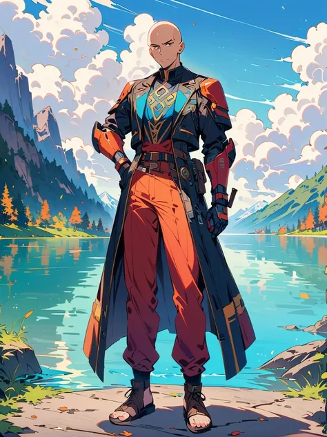 ((imagine))，((whole body))，(bald:1.5)，((Aang))，《avatar the last airbender anime》, ((permanent_))，Dress luxuriously, complex, Luxurious and noble clothing，Robot arms and legs，Standing by the lake，straw sandals ，Gun in one hand，aim at you，anatomically correc...