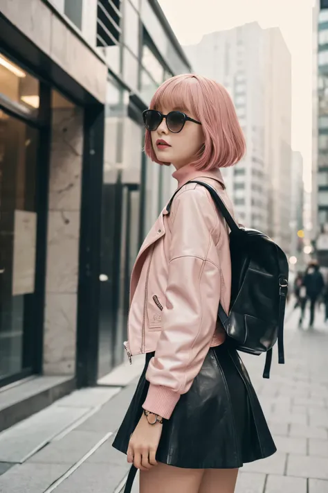  (thin:1.2), because I&#39;thin, small breasts, woman, ((Pink Shorthair:1.2)), (thick and fluffy bangs), 「Based on pink leather jacket、Choose one with red embroidery on the lining or cuffs.。With that、Pair it with a tight black skirt、Choose platform boots t...