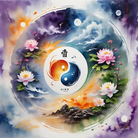 Acrylic painting style，Chinese Taoist Elements，Tai Chi，Tai Chi Yin Yang Bagua Diagram，magic circle，best quality,4K,8K,high resolution,masterpiece:1.2,Super detailed,actual,acrylic style,Tai Chi, yin yang, Gossip,3D rendering，Female Taoist practicing yoga，L...