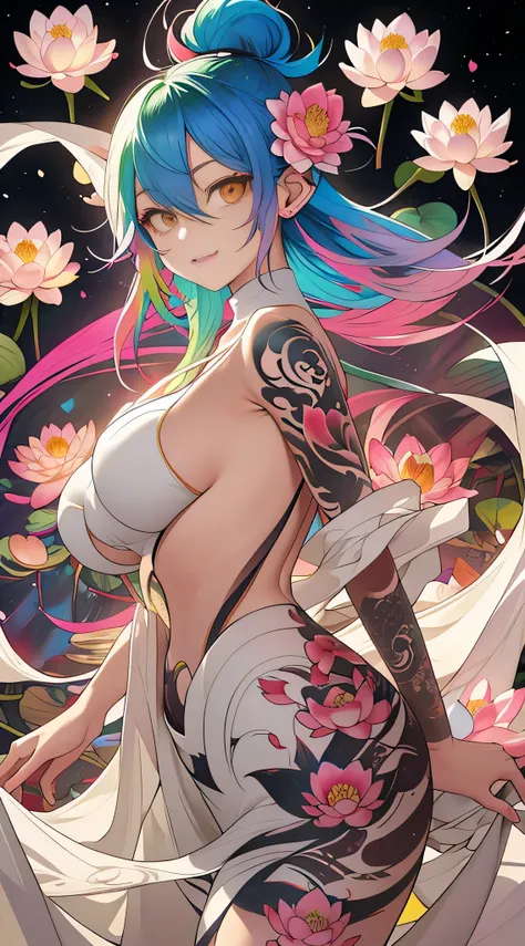 Completely naked　A cute girl with an insane amount of lotus flower tattoos all over her body　rainbow colored hair　big breasts