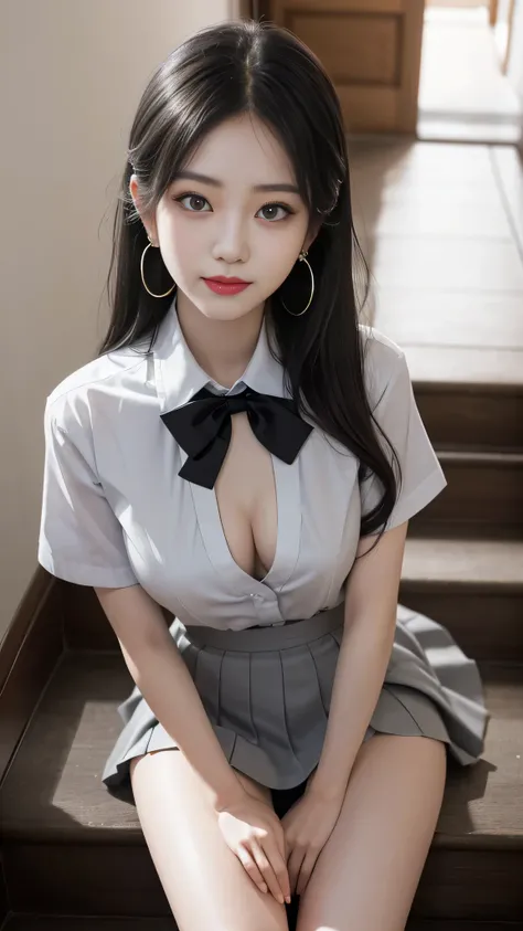 Gray eyes, Korean , summer shirt, gravitation, charisma, glamorous, ribbon tie,  a bore skirt, bright blonde, school stairs, going down school stairs, chest thrusting pose, chest bragging pose, 8k raw photo, high resolution, cool Korean at 18 years old, ve...