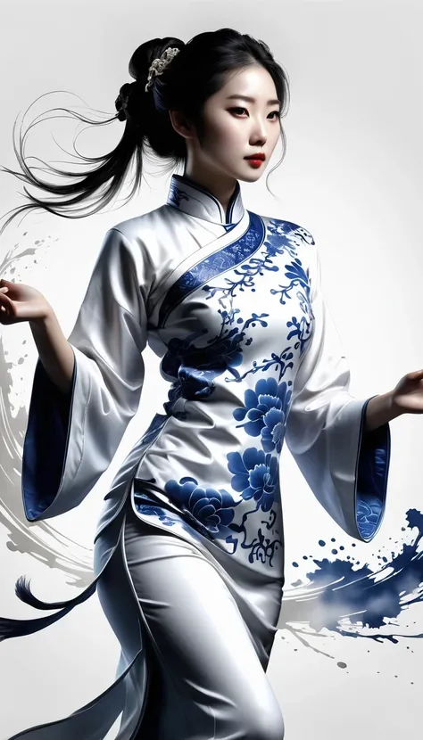 Chinese Taoist Elements，(pencil_sketch:1.2, messy lines, Grayscale, traditional media, sketch),Blue and white porcelain cheongsam, Black and white Yin Yang Tai Chi background, Gangster girl, backlight, Deep shadows, silhouette light, Charming suit cheongsa...