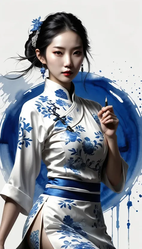 Chinese Taoist Elements，(pencil_sketch:1.2, messy lines, Grayscale, traditional media, sketch),Blue and white porcelain cheongsam, Black and white Yin Yang Tai Chi background, Gangster girl, backlight, Deep shadows, silhouette light, Charming suit cheongsa...