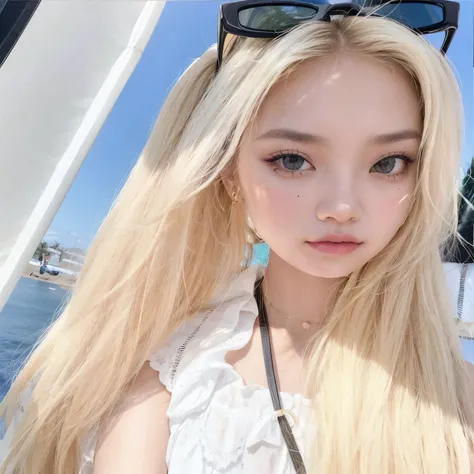 Chica rubia con gafas de sol y un vestido blanco posando para una foto., parque roseanne de blackpink, Lalisa Manobal, jinyoung shin, portrait of jossi de blackpink, Lalisa Manoban de Blackpink, ulzzang, Jaeyeon Nam, jossi de blackpink, kim doyoung, con el...