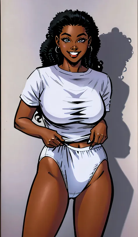 ((masterpiece, best quality)), ((24 year old)), (((Curvy))), ((Black woman with long black curly hair)), pulling up ((white cotton panties)), (white shirt), smiling, standing in her bedroom, (((comic book art style)))