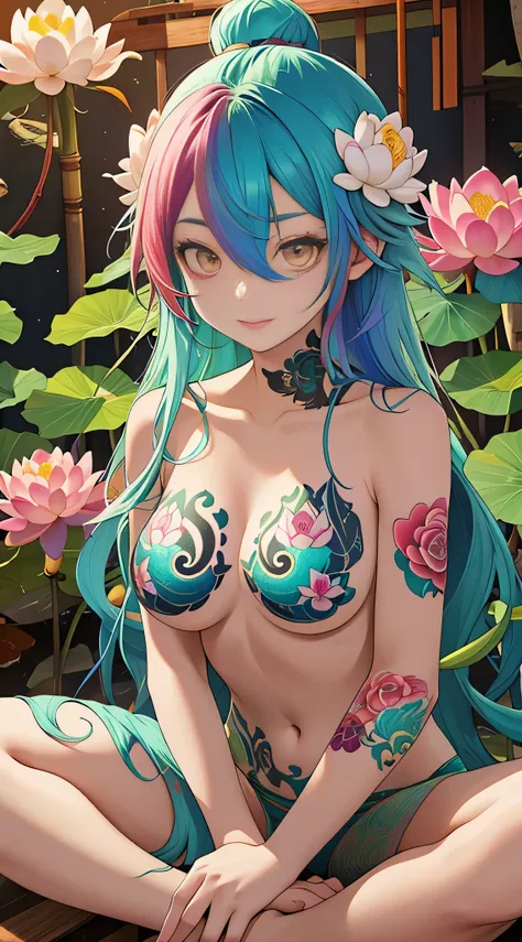 Completely naked　A cute girl with an insane amount of lotus flower tattoos all over her body　rainbow colored hair　big breasts