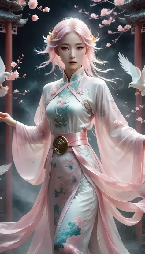 surreal, Very detailed, and a high resolution 16k image of a young man, Beautiful female ghost or guardian angel. She has light pink hair and translucent skin, Wearing Chinese Hanfu，Phoenix pattern on the belt. The image captures the ethereal beauty and my...