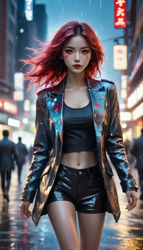 (better details, high quality), furry wolf, Walking through the city, (night, bright lights, city environment), (dynamic framing, intense expression, messy hair), (bright red eyes, detail jacket), (Colored spots, wet street), (Focus on the wolf&#39;s head)...