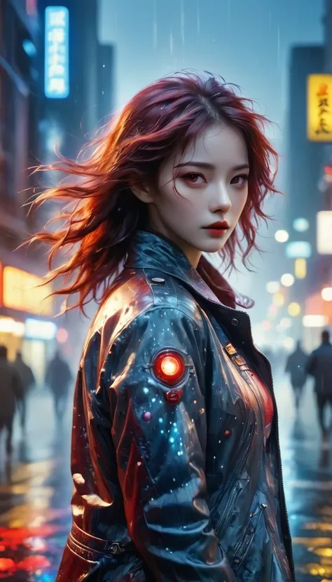 (better details, high quality), furry wolf, Walking through the city, (night, bright lights, city environment), (dynamic framing, intense expression, messy hair), (bright red eyes, detail jacket), (Colored spots, wet street), (Focus on the wolf&#39;s head)...