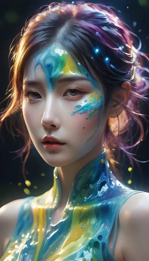 (((photographic， photo， photogenic)))， extremely high quality high detail RAW color photo， Woman in dynamic pose， Brightly painted face， Fluid landscape and morphological fusion， Glowing 3D objects interact with graphics， Super detailed illustrations， The ...