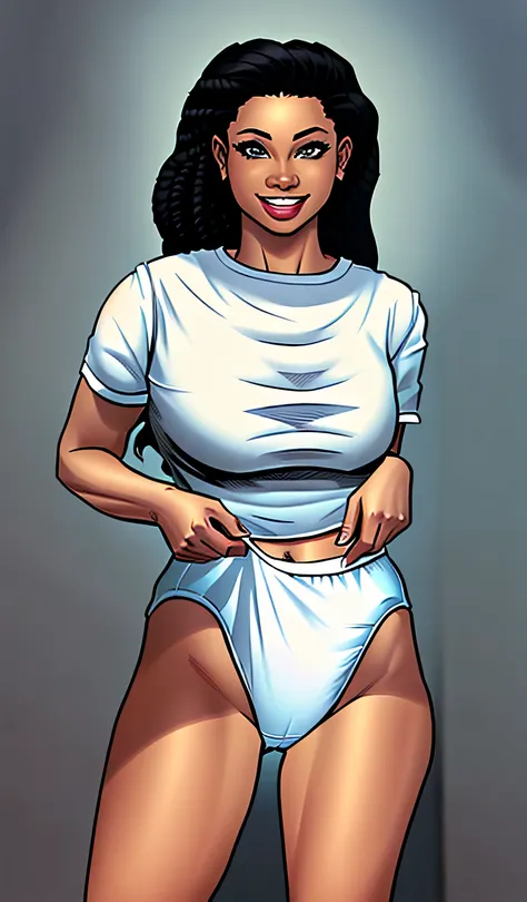 ((masterpiece, best quality)), ((24 year old)), (((Curvy))), ((Black woman with long black curly hair)), pulling up ((white cotton panties)), (white shirt), smiling, standing in her bedroom, (((comic book art style)))