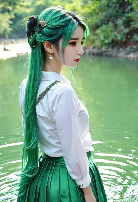 1 girl, alone, hair accessories, green hair, double tail, long hair, skirt, water