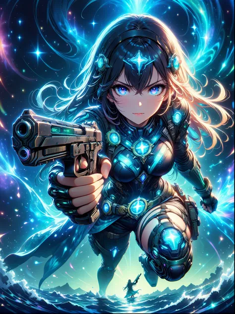 (panoramic, center, masterpiece, best quality: 1.2), 1 beautiful sexy girl,Extremely bright eyes,sexy lips,Star-like glitter dress,holding gun with both hands,((((Vision)))),first-person view, pov, UHD, retina, masterpiece, ccurate, anatomically correct, t...