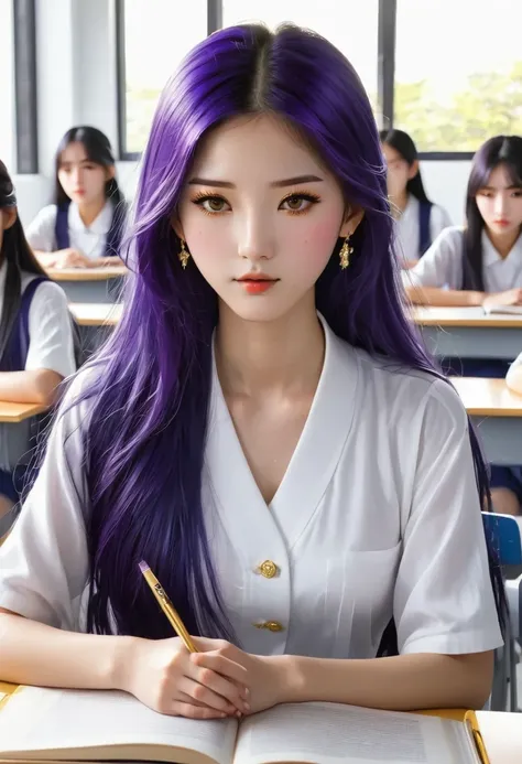 1 girl, Long midnight purple hair, golden eyes, sitting in class, White school modern, Japanese cartoons