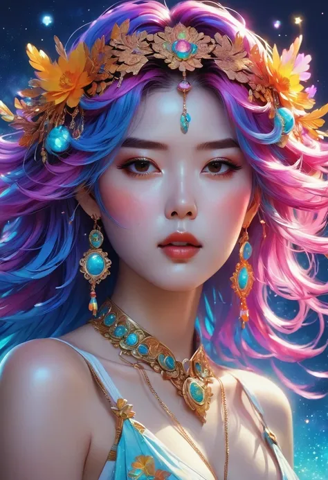 Close-up of a woman with rich and colorful hair and necklace, Cosmic hair anime girl, The soft vibrancy of Rossdraws, Gouves style artwork, fantasy art style, rich and colorful], Vibrant fantasy style, Rossdraws cartoons are vibrant, cosmic and rich and co...