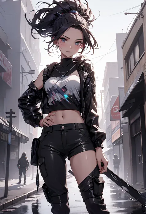 samdoesarts; award winning half body portrait of a beautiful woman in a croptop and cargo pants, military boots, standing on the street faint smile,  paint splashes, hair in a bun, splatter, outrun, vaporware,  digital art, trending on artstation, highly d...