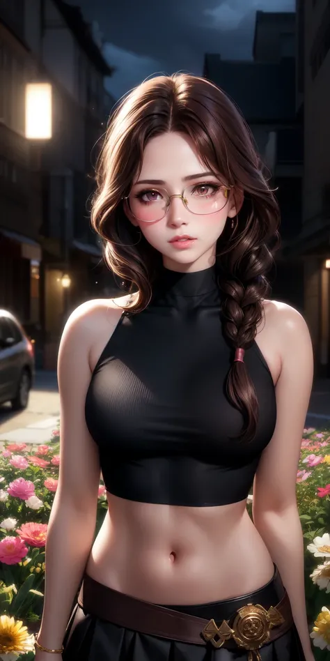 realistic, 1girl, brown hair hair, dark eyes, glowing eyes, crop top, skirt, parted lips, blush, night, flowers, sun, sunlight, braided hair, glasses