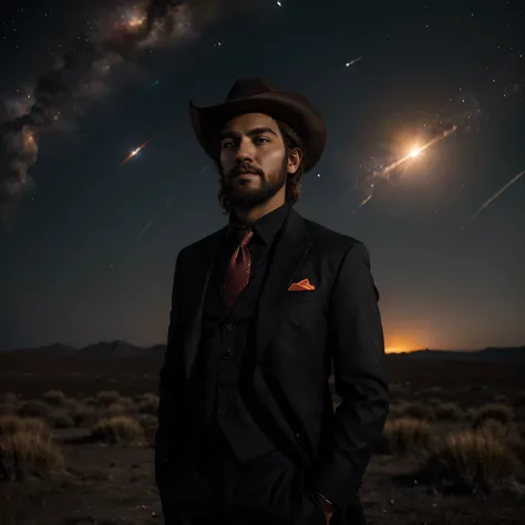 fiery auras. Dramatic lighting from distant stars and planets illuminates the scene, casting deep shadows on the suit. The young man looks confident and determined, looking at the vast and mysterious universe with wonder and respect,facial hair, cowboy sho...