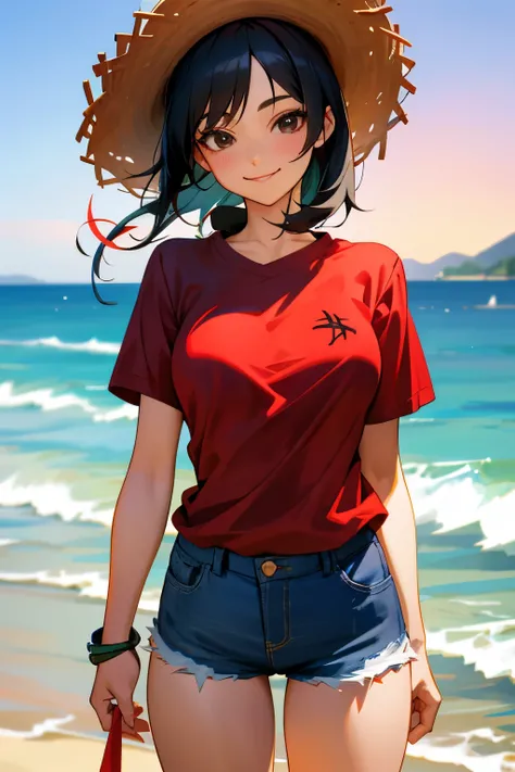 Girl, straw hat, naughty smile, scar under her left eye, black hair, black eyes, open red shirt with short sleeves, short jeans, big breasts, red shirt, sea in the background 