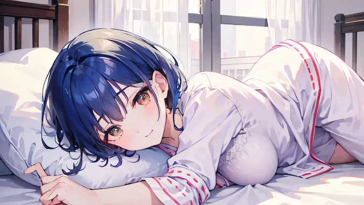 masterpiece, highest quality, High resolution, Horizontal image、brown eyes、smile、pajamas、nightwear、sleep、Are sleeping、Under the quilt、on the bed、Bedroom、Close ~ eyeidnight、short hair,blue hair, white skin、thick legs、,embarrassing,
