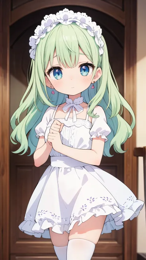 (cute with light green hair), (white dress), wavy hair, long hair, (flower headdress), Heart-shaped earrings, (Crystal clear eyes), innocence, (shy), indoor, short sleeve, (young), (white and soft skin), (slender body), (white stockings), cute cute, cute, ...