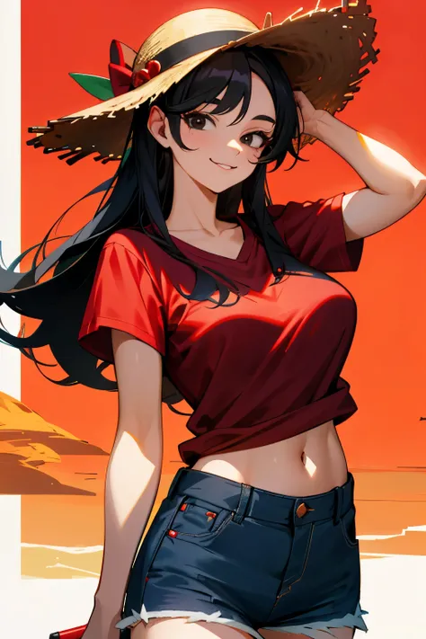 Girl, straw hat, naughty smile, scar under her left eye, black hair, black eyes, open red shirt with short sleeves, short jeans, big breasts, red shirt, sea in the background 