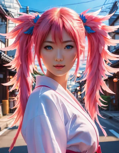 a woman that is standing in the street, photo realistic, inspired by Torii Kiyomoto, pixiv contest winner, magical realism, pink twintail hair and blue eyes, hot with shining sun, magic , wallpaper of a phoenix