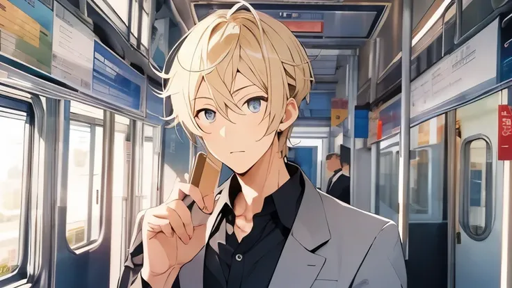 24-years-old、Hairstyle is blonde、He is tall、eyes are big、Eyes are black、suit figure、Handsome guy、on the train