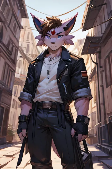 solo (male very muscular anthro Espeon) with ((medium-length brown hair, hairstyle: pushed back)) wearing ((denim jacket and pants)), (white undershirt), (utility belt), (black fingerless gloves). Background is of a (city, day time)