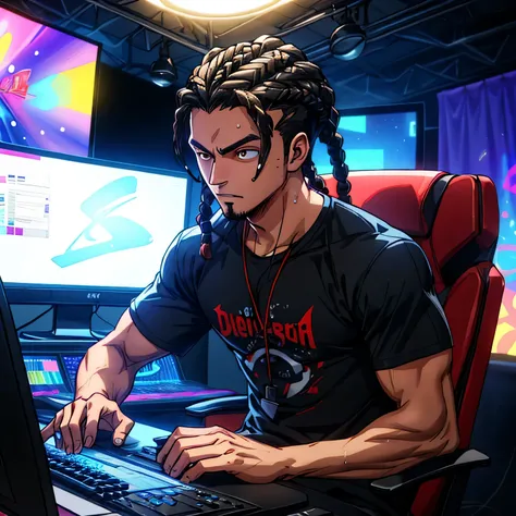 ((Melhor qualidade)) ultra-detailed, a boy black playing games on a computer , with box braids , drip , with a black tshirt , black hair , using a mouse , keyboard , and monitor , vibrant colors , studio lighting , brown eyes, looking at the camera
