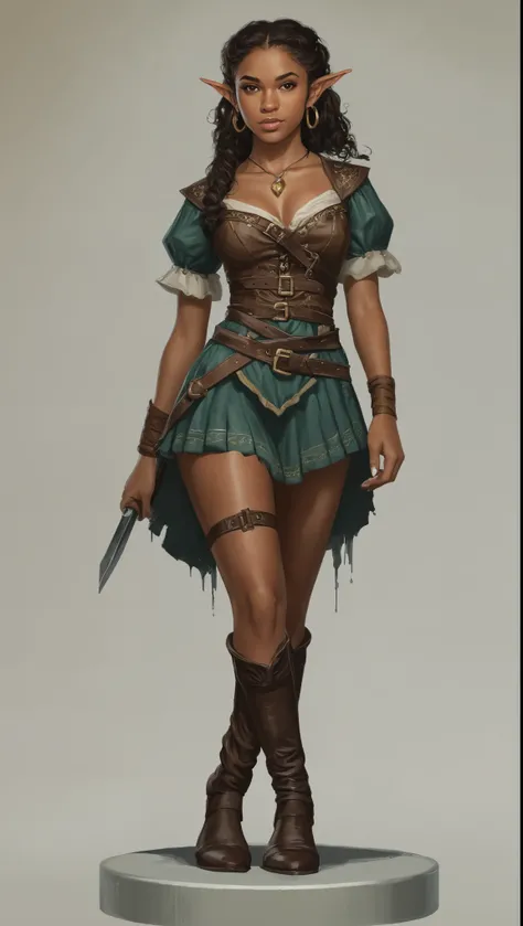 An illustrated movie poster, hand-drawn, full color, a teenage elven girl, wearing a pirate blouse and knee-high boots, resembles Brookliyn Wren, brown complexion, very tall, athletic body, hourglass figure, curvy, toned midriff, bottom-heavy, generous hip...