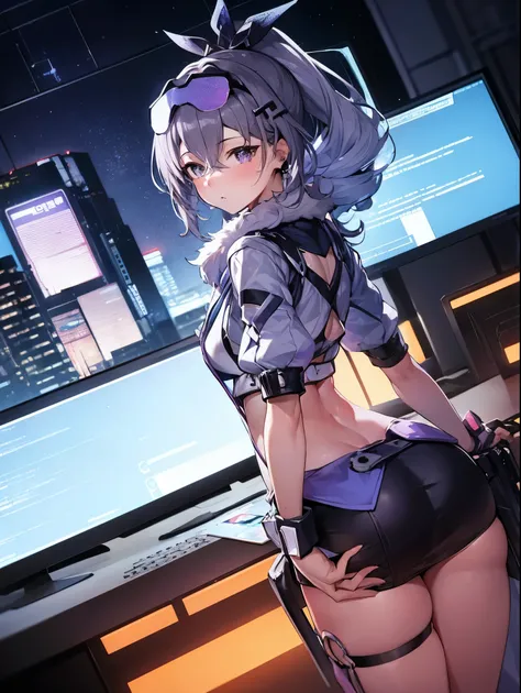 tmasterpiece, Best Picture Quality, Extremely vivid, Anime girl with curly hair and ponytail, With a  figure, White functional coat, small, Blue-purple gradient ski goggles, cyber punk perssonage, whaite hair, Natural casual style, Dynamic posture, golden ...